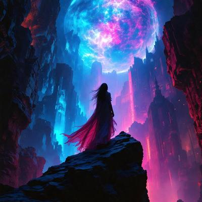 The primary subject of the image is a woman standing on a rock, with a purple dress and long hair. She appears to be looking at the moon, which is located in the background. The setting is a dark, rocky environment, with the woman being the main focus of the scene. The visual style of the image is digital art, with the woman and the moon being the main elements of the composition. The colors in the image are predominantly purple and blue, creating a moody and dramatic atmosphere.